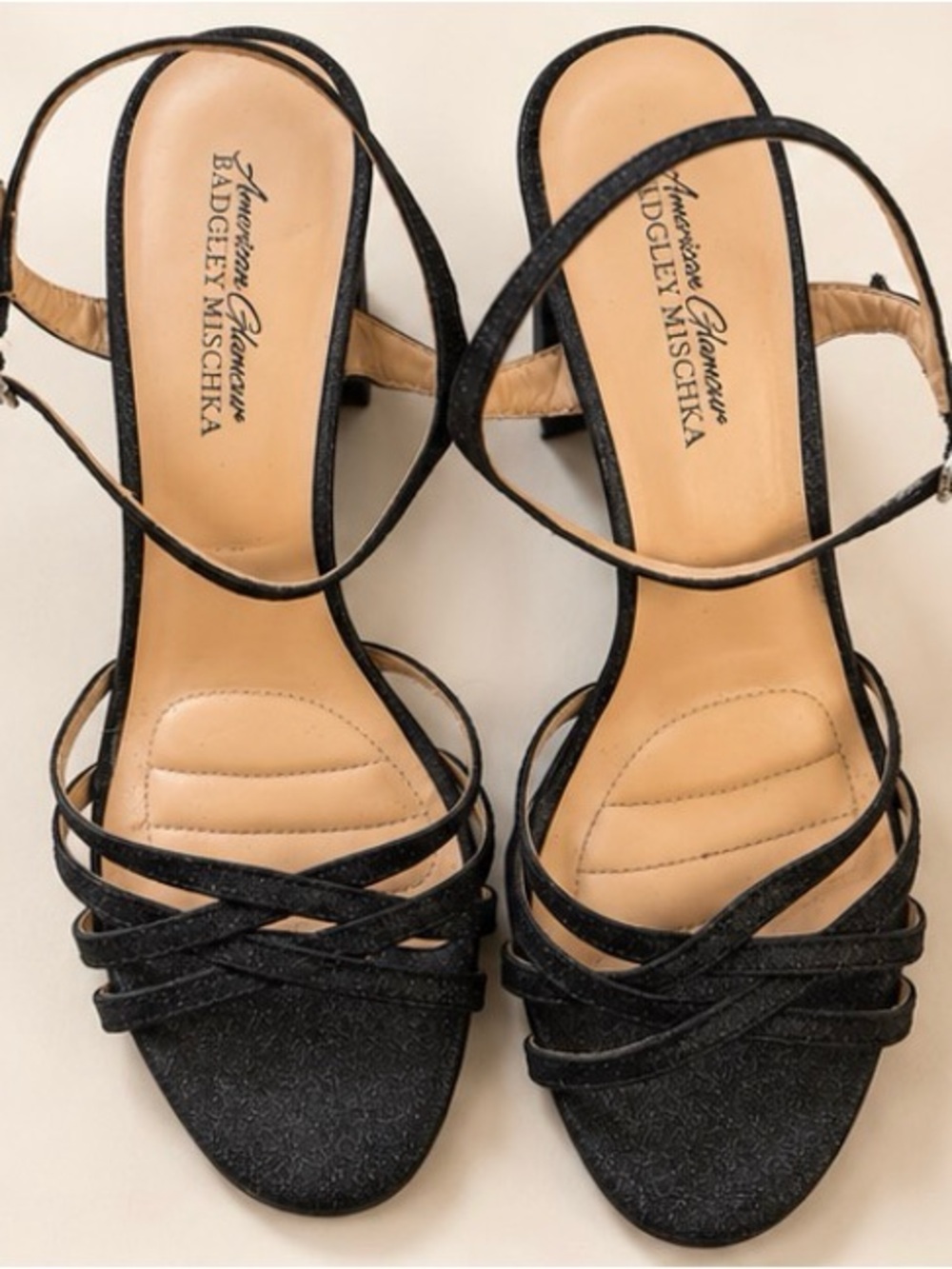 Badgley Mischka American Glamour Black Glitter Strappy Block Heel Sandals 8.5